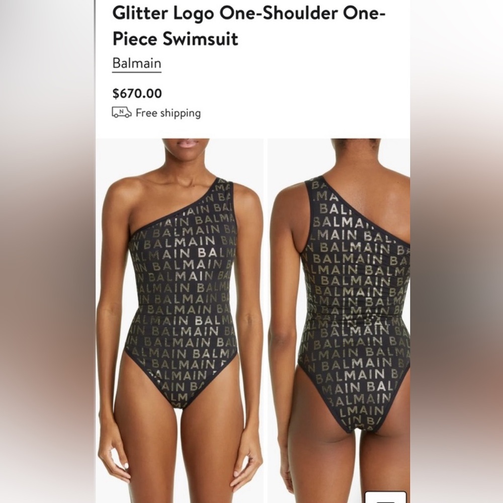 BALMAIN***One-shoulder One-piece Swimsuit Black w/Gold***F36;Small $670